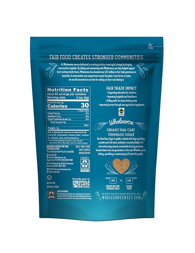 Wholesome Sweeteners 24-Ounce Organic Raw Cane Turbinado Sugar, Fair Trade, Non GMO, Gluten Free & Vegan, 12 Pack