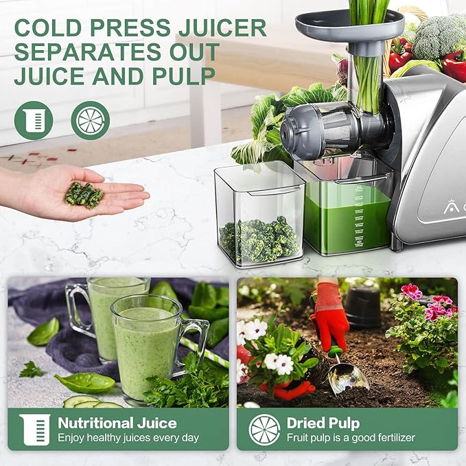 Juicer Machine, Aobosi Slow Masticating Juicers, Cold Press Juicer Machines with Reverse Function, Quiet Motor, High Juice Yield with Juice Jug & Brush for Cleaning (Gray)