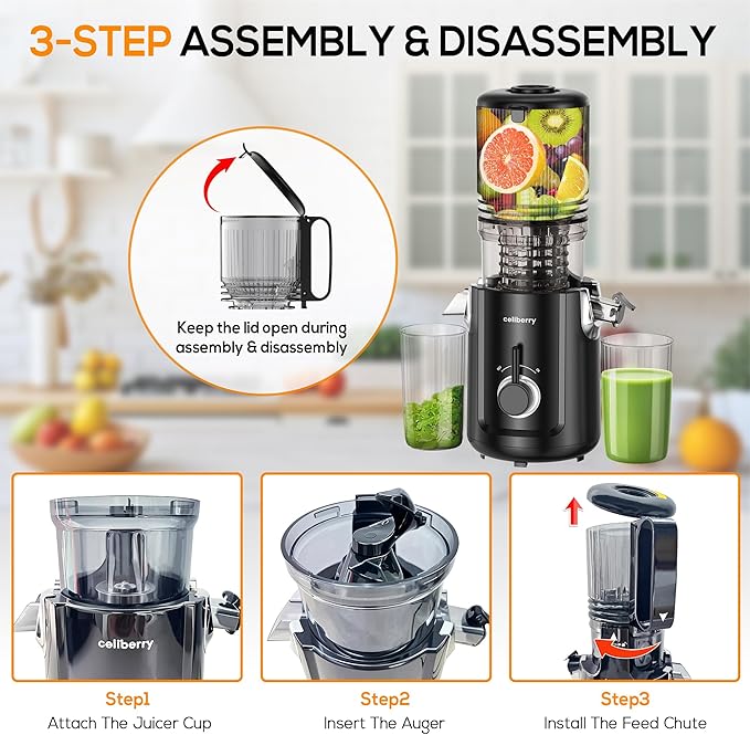 Cold Press Juicer Machines, 5.3” Large Feed Chute Slow Masticating Juicer for Whole Fruits & Vegetables, 300W Quiet Juice Extractor, Easy to Clean, Anti-Clog, No Drip, 99% High Juice Yield