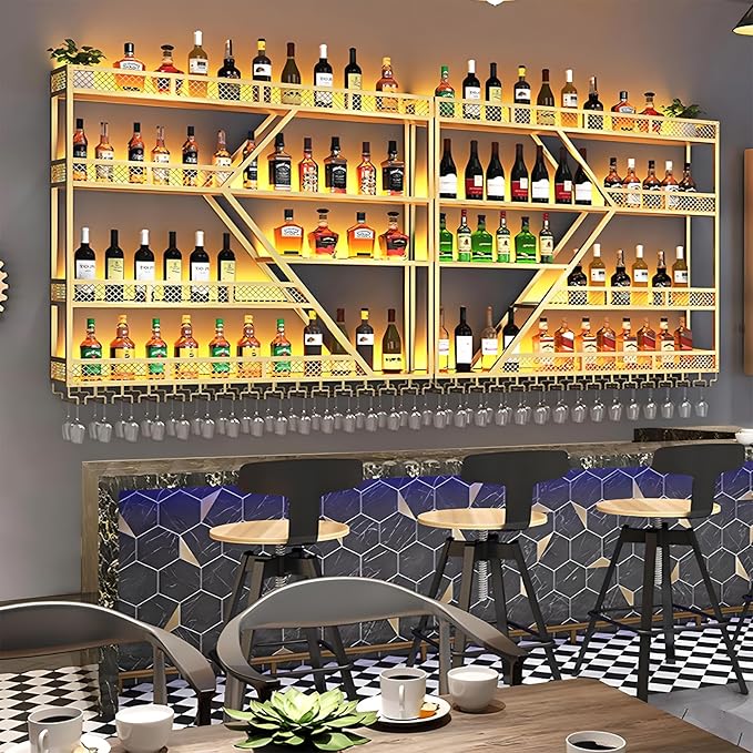 94.48in Metal Wine Rack Wall Mounted, Modern Wine Storage Rack Wall Mounted with Wine Glass Holder, Liquor Shelf, Bar Shelves for Liquor Bottles (4 Tiers Gold, 94.48 * 7.87 * 33.85INCH)