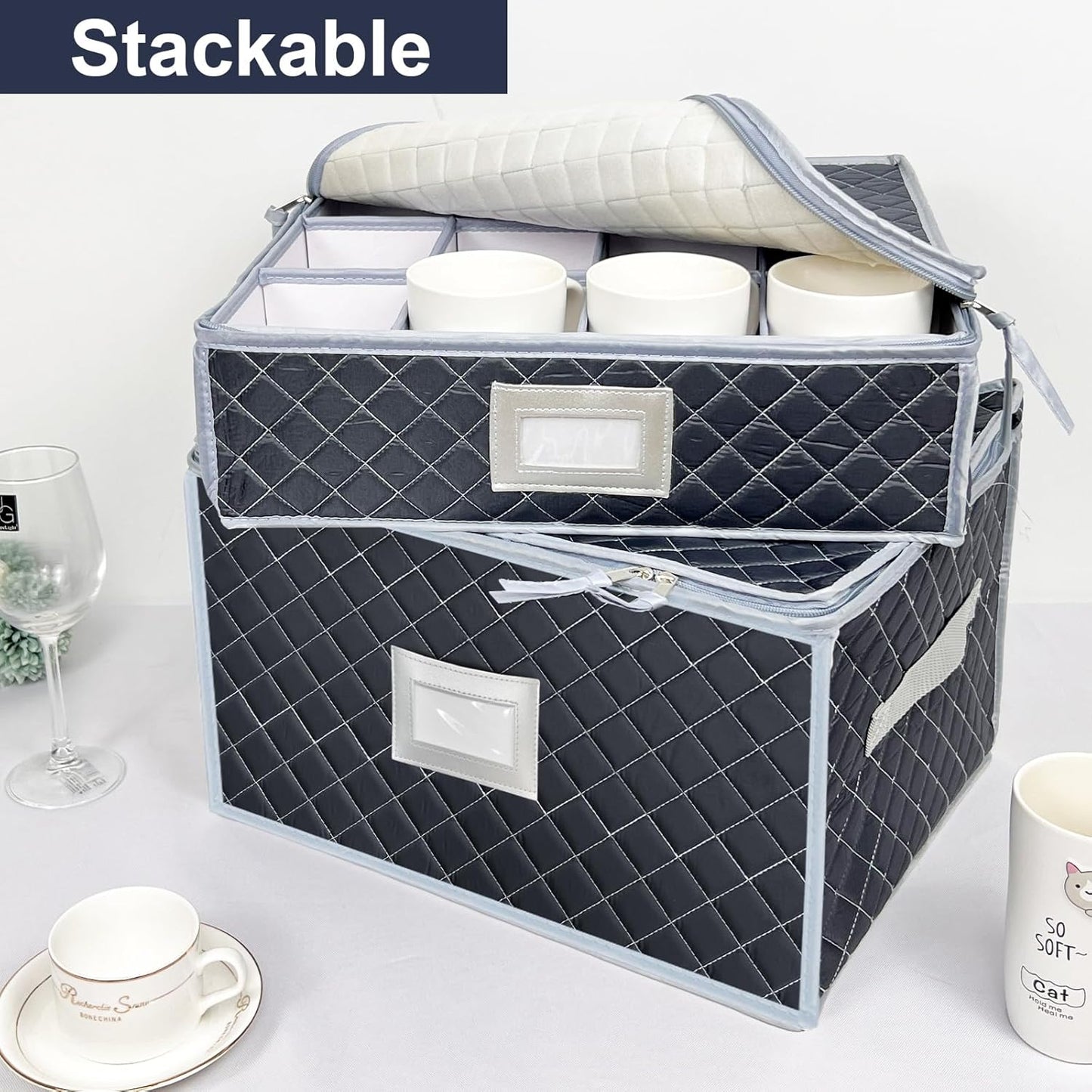 Wine Glass and Mug Storage Box with Dividers - 2 Pack China Storage Containers Set Holds 24 Glassware , Stemware，Coffee Mug and Tea Cup, Organizer Bin with Sturdy Metal Zipper,Label and Handles (Grey)