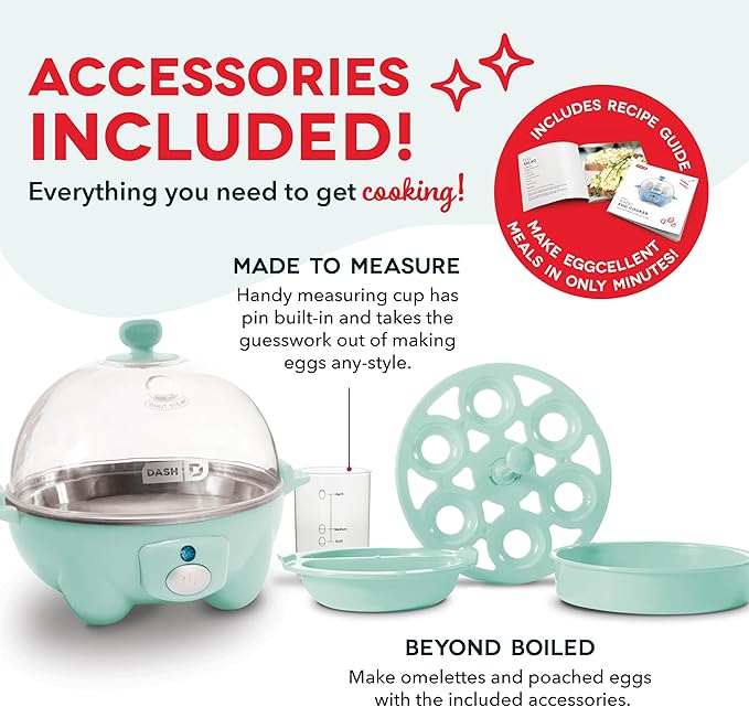 DASH Rapid Egg Cooker: 6 Egg Capacity Electric Egg Cooker for Hard Boiled Eggs, Poached Eggs, Scrambled Eggs, or Omelets with Auto Shut Off Feature - Aqua, 5.5 Inch (DEC005AQ)