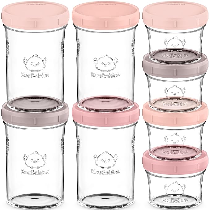 KeaBabies 4pk 8oz & 4pk 4oz Glass Baby Food Containers with Lids - Leak-Proof, Microwavable Small Glass Jars, Baby Purees & Toddler Snack Storage Containers,BPA-Free,Dishwasher & Freezer Safe(Roseate)