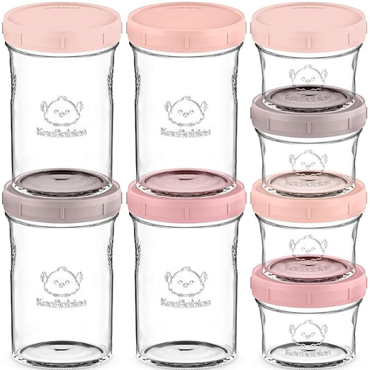 KeaBabies 4pk 8oz & 4pk 4oz Glass Baby Food Containers with Lids - Leak-Proof, Microwavable Small Glass Jars, Baby Purees & Toddler Snack Storage Containers,BPA-Free,Dishwasher & Freezer Safe(Roseate)