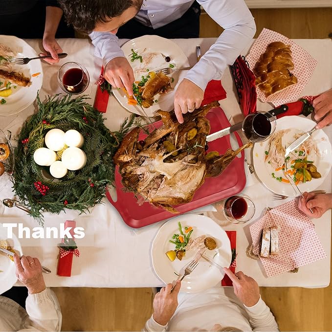 Extra Large Serving Tray with Handles, 20x13 inch, Set of 2 Melamine Platters for Serving Food, Turkey, Cookie, Rectangular Trays for Eating, Raised Dots Matt Finished, Dishwasher Safe, Red