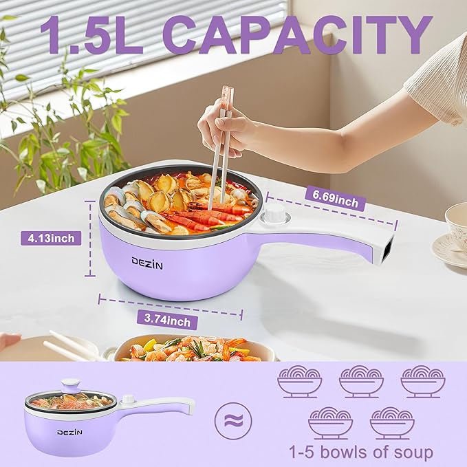 Dezin Hot Pot Electric Upgraded, Non-Stick Sauté Pan, Rapid Noodles Electric Pot, 1.5L Mini Portable Hot Pot for Steak, Egg, Fried Rice, Ramen, Oatmeal, Soup with Power Adjustment