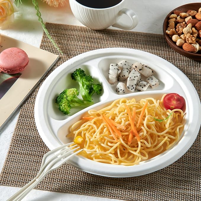 Vplus 100% Compostable Paper Plates, 150 Pack 9 Inch 3 Compartment Plates Disposable, Heavy Duty Biodegradable Plates Made of Sugar Cane Fibers, for Daily meals, Dinner, Parties, BBQ