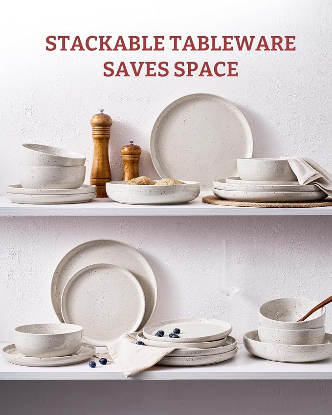 Famiware Meteor Plates and Bowls Sets for 4, 12 Pieces Dinnerware Sets, Microwave and Dishwasher Safe Dishes Set, Creamy White
