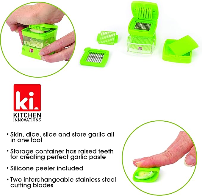 Garlic-A-Peel Garlic Press, Crusher, Cutter, Mincer, and Storage Container - Includes Silicone Garlic Peeler - Easy to Clean - Stainless Steel Blades – (Green), standard