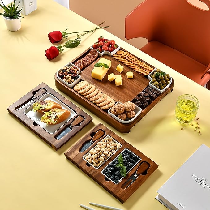 Shanik Upgraded Acacia Cheese Board Set, Square Shaped Charcuterie Set, Cheese Platter, Handcrafted Design and Stainless Steel Cutlery Set - Gift for Any Occasion with Engraving