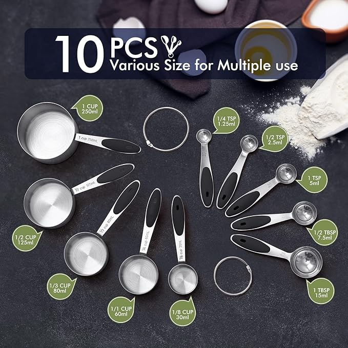 HOTEC 10-PACK Measuring Cups &Spoons Set, Kitchen Gadagets Cooking Baking,Heavy Duty & Dishwasher Safe for Dry and Liquid Ingredients,Black