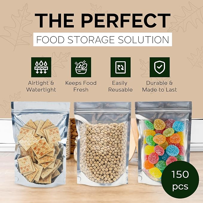 150 Resealable Food Storage Bags, 6x9-inch Heat Sealable Air Tight Bags, Stand Up Zip Bags, Waterproof Packaging Barrier