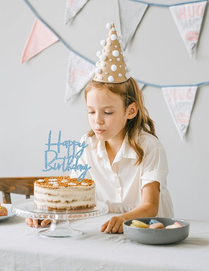 Happy Birthday Cake Topper - Glitter Sky Blue Birthday Cake Top Decorations (Sky Blue)