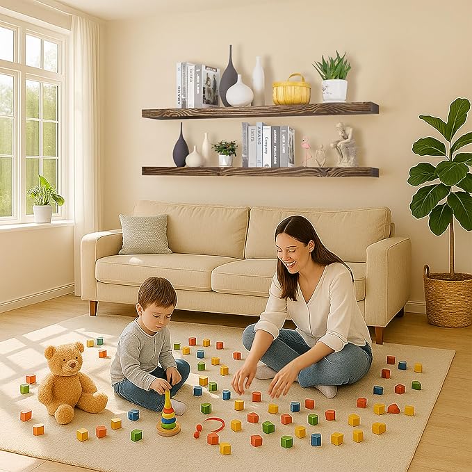 Floating Shelves 72 inch Long 8 "deep Set of 2, Heavy Duty Wood Wall Mounted Shelves for Bathroom Living Room Kitchen,Book Shelves with Thickened Hidden Bracket-Distressed Walnut