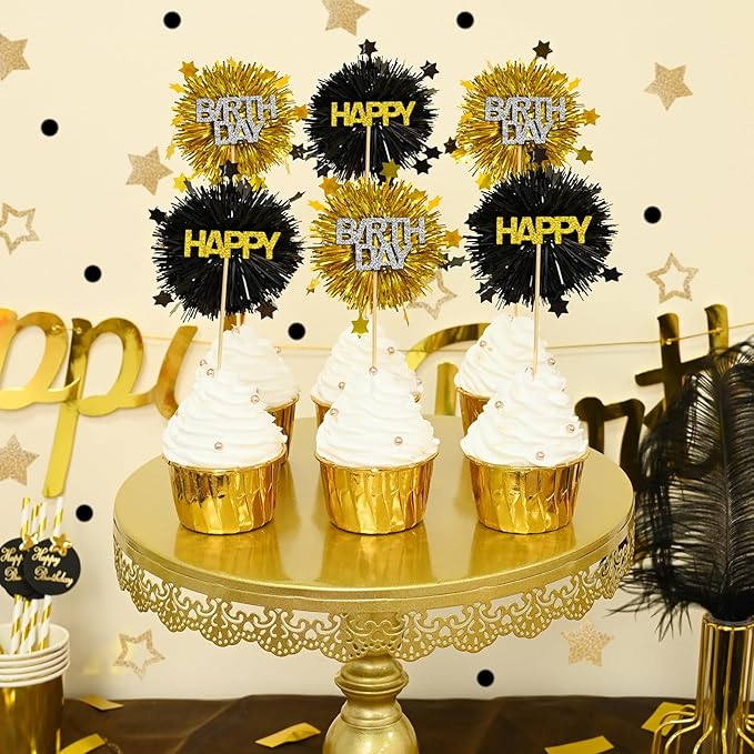 LOLStar 12 PCS Happy Birthday Cake Toppers, Black and Gold Foil Cupcake Toppers, Glitter Tinsel Cupcake Decor, Food Picks Drink Stirrers Cocktail Toothpicks for Celebrating Party Supplies