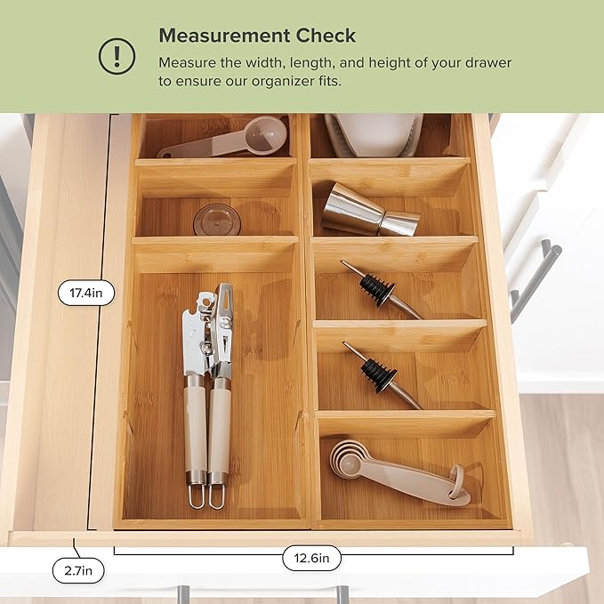 Premium Kitchen Utensils and Junk Drawer Organizer – Small 5-Compartment Design with 4 Removable Dividers, Non-Slip Feet, 100% Sustainable Bamboo, 2 Pack
