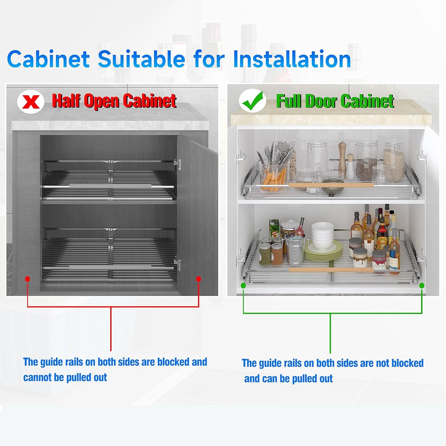 2Pack Expandable Pull Out Cabinet Organizer, 23~39.8"W x 22.5"D Heavy Duty Slide Out Shelves Adjustable Height Cabinet Pull Out Shelves,Expandable Width Spice Rack Organizer for Kitchen Cabinet
