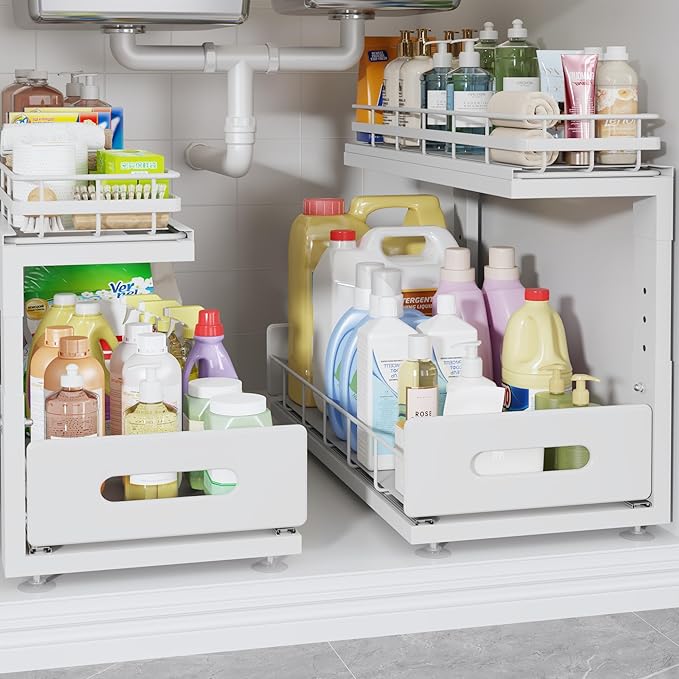 2 Pack 18 IN Depth Under Sink Organizer with Smooth Ball Bearing Slides,2-Tier Pull Out Cabinet Storage,Slide Out Drawers for Bathroom&Kitchen,Rust-resistant Coating,Height Adjustable-White