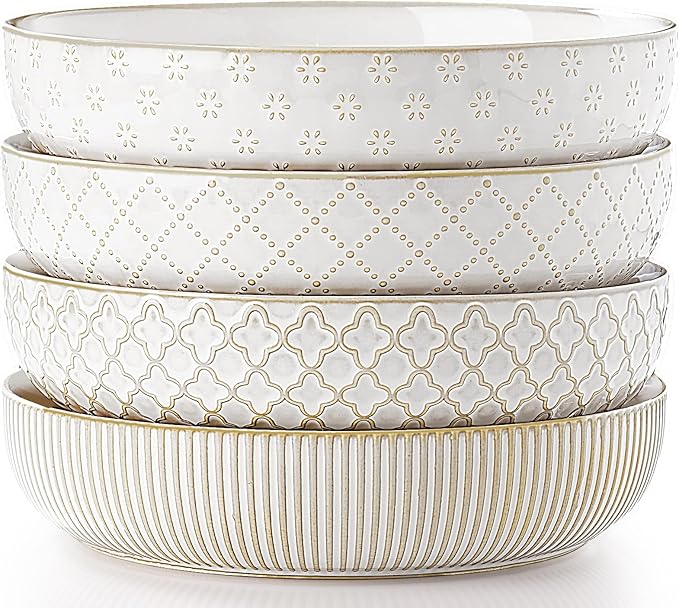 getstar Pasta Bowls, Large Salad Serving Bowls (8.2 inch/35 oz), Ceramic Bowl Plates Set of 4, Farmhouse Embossments, Microwave and Dishwasher Safe