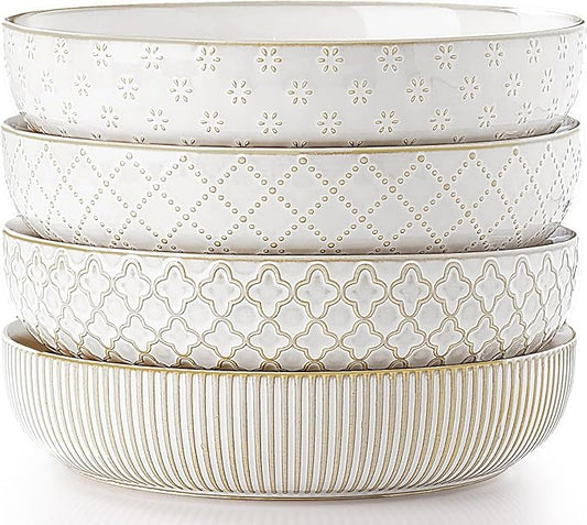 getstar Pasta Bowls, Large Salad Serving Bowls (8.2 inch/35 oz), Ceramic Bowl Plates Set of 4, Farmhouse Embossments, Microwave and Dishwasher Safe