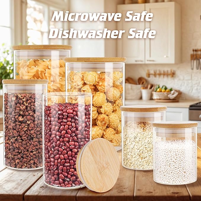 Glass Jars with Bamboo Wooden Airtight Lids 6oz 10oz 18 oz Spice Jars Food Storage Containers for Home Kitchen, Tea, Salt, Pepper, Spices, Coffee, Herbs, Grains