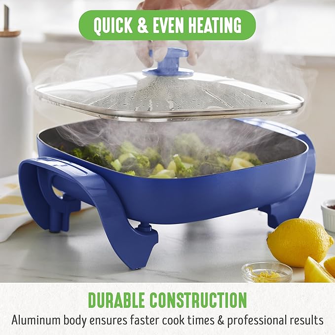 GreenLife 12" 5QT Square Electric Skillet, Glass Vented Lid, Ceramic PFAS-Free Nonstick Coated Interior, Adjustable Temperature Control, Cool Touch Handles, Quick Even Heating, Scratch Resistant, Blue