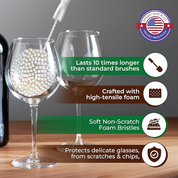 Tupkee Wine Glass Cleaning Brush – Soft Non-Scratch Foam Bristles – Goblet & Stemware Wine Glass Cleaner Brush for Glassware, Crystal, Bottle, & Mugs – Fits Tupkee 20oz Glass Tumbler – Made in the USA