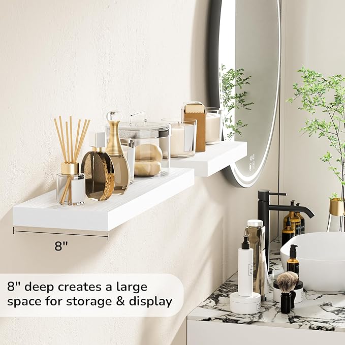 Fun Memories 24 Inch Floating Shelves - Deep Rustic White Wooden Wall Shelves - Extra Deeper & Thicker Wall Mounted Storage Shelf for Bedroom, Kitchen, Farmhouse - 2 Pack, Rustic White