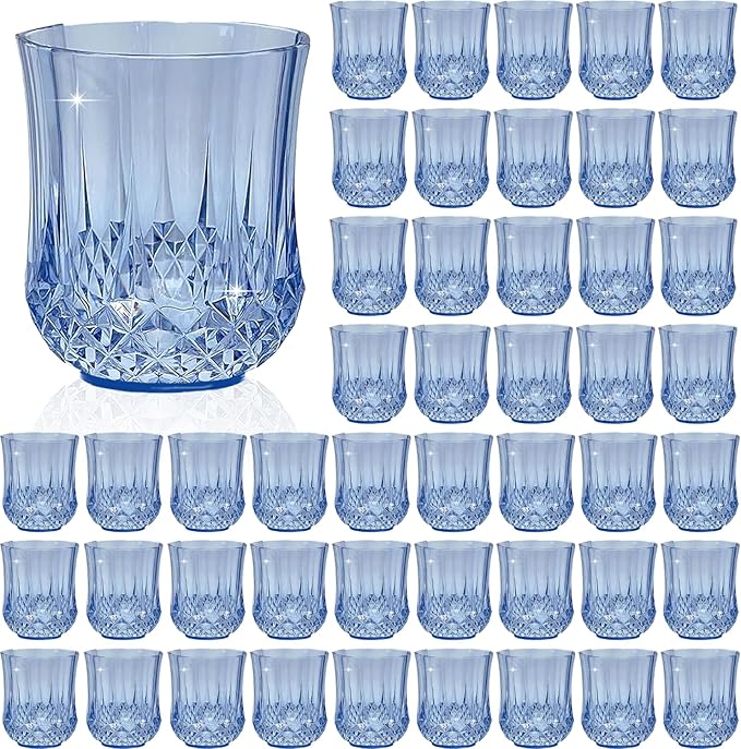 48 PCS Blue Stemless Wine Glasses，Plastic Reusable Cups 9OZ Vintage Drinking Glasses Tumblers for Whisky, Beer, Juice, Beverages, Cocktai