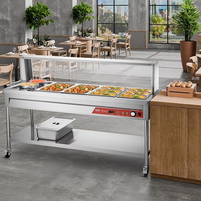 VEVOR Commercial Food Warmer, 8 Pans + 2 Pots Electric Steam Table, 1800W Professional Buffet Catering Food Warmer with Shield Undershelf Wheels, Stainless Steel Server for Party Restaurant