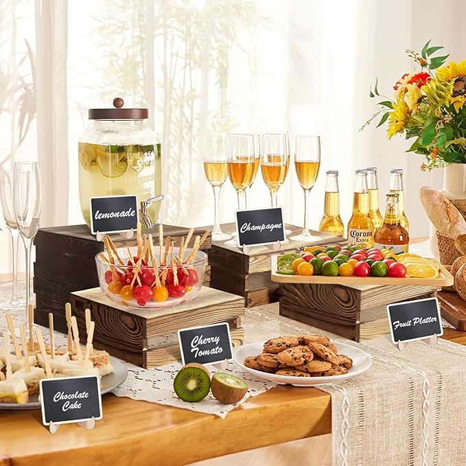 4 Pcs Buffet Risers with Mini Signs, Rustic Wood Cake Stands, Food Risers for Buffet Table, Dessert Display Stand, Wood Crates, Rustic Cake Stand for Party, Wedding, Birthday, Baby Shower, 4 Sizes