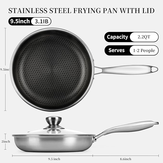 Stainless Steel Frying Pan with Lid - 9.5 Inch Nonstick Frying Pan with Lid, Honeycomb Stainless Steel Skillet Omelet Chef's Pan with Stay Cool Handle, Induction Compatible, PFOA Free