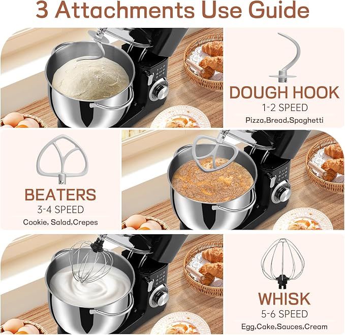 SEEDEEM 8.5 Qt Stand Mixer, 660W 6+P Speeds Electric Stand Mixer, Tilt-Head Kitchen Mixer with Dishwasher-Safe Dough Hook, Wire Whip & Beater for dough mixer Baking Daily Use, Black