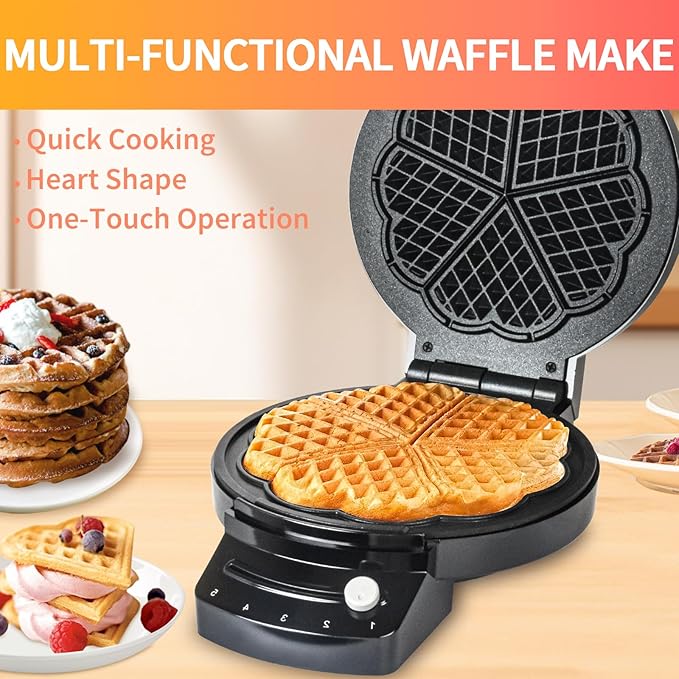 Electric Heart-shape Waffle Maker: 5-Temp Control & Fast Heating - Black round Shape with Non-Stick Scratch-Resistant Coating for Belgian Waffles（Single-plate）