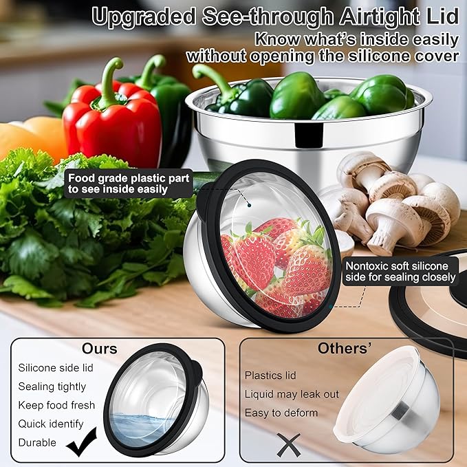 E-far Mixing Bowls Set of 5, Stainless Steel Salad Mixing Bowl with Transparent Lid, Metal Nesting Bowl Attach with 3 Graters for Kitchen Prepping/Serving/Baking/Storage, 4.6/2.6/1.5/1/0.7 QT - Black