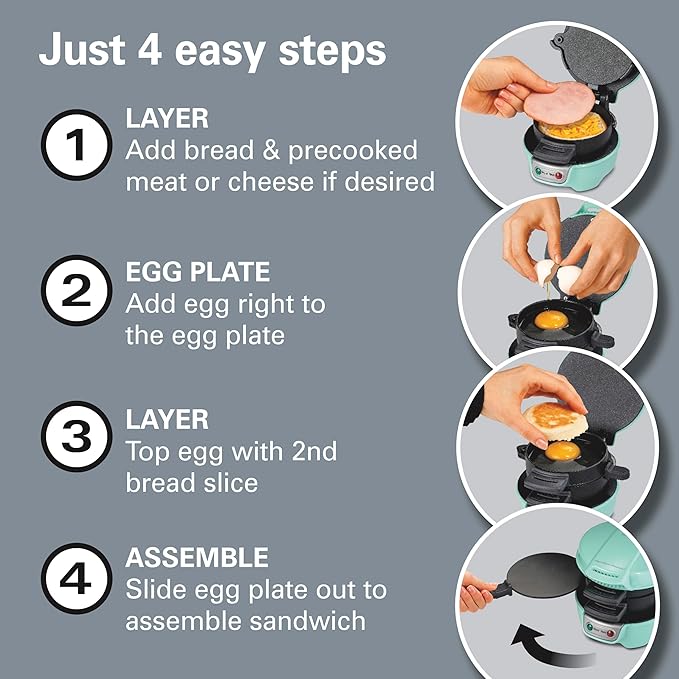 Hamilton Beach Breakfast Sandwich Maker with Egg Cooker Ring, Customize Ingredients, Perfect for English Muffins, Croissants, Mini Waffles, Perfect White Elephant Gifts, Mint (25482)