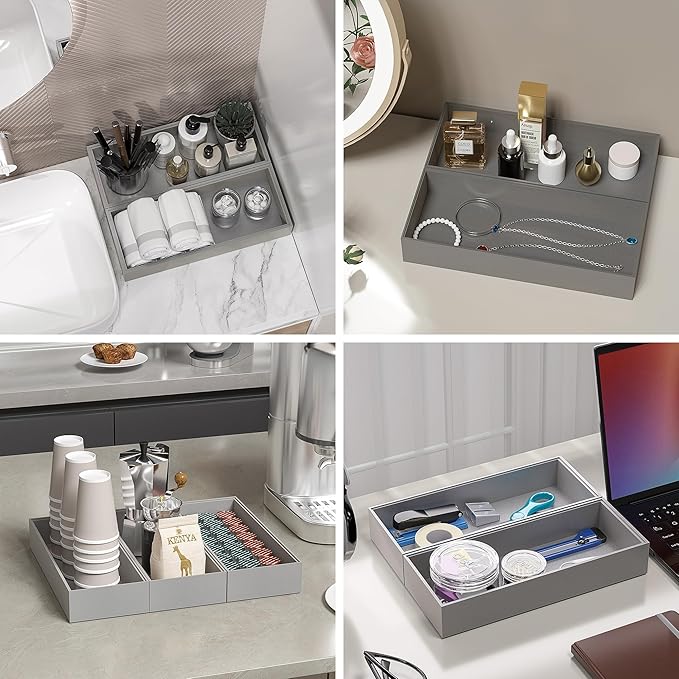 Kitchen Drawer Organizer Bins, Stackable Bamboo Drawer Organizer for Silverware, 2 Pcs Toilet Paper Basket Holder, Wood Bathroom Tray Countertop, Toilet Tank Tray Silver 15" x 6" x 2.5"