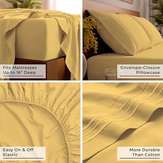 Mellanni Full Sheets Set - 4 PC Iconic Collection Bedding - Hotel Luxury, Extra Soft, Cooling Bed Sheets - Wrinkle, Fade, Stain Resistant (Full, Yellow)