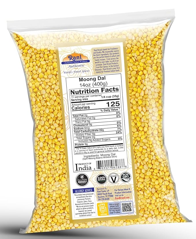 Rani Moong Dal (Split Mung Beans Without Skin) Lentils Indian 14oz (400g) ~ All Natural | Gluten Friendly | Non-GMO | Kosher | Vegan | Indian Origin