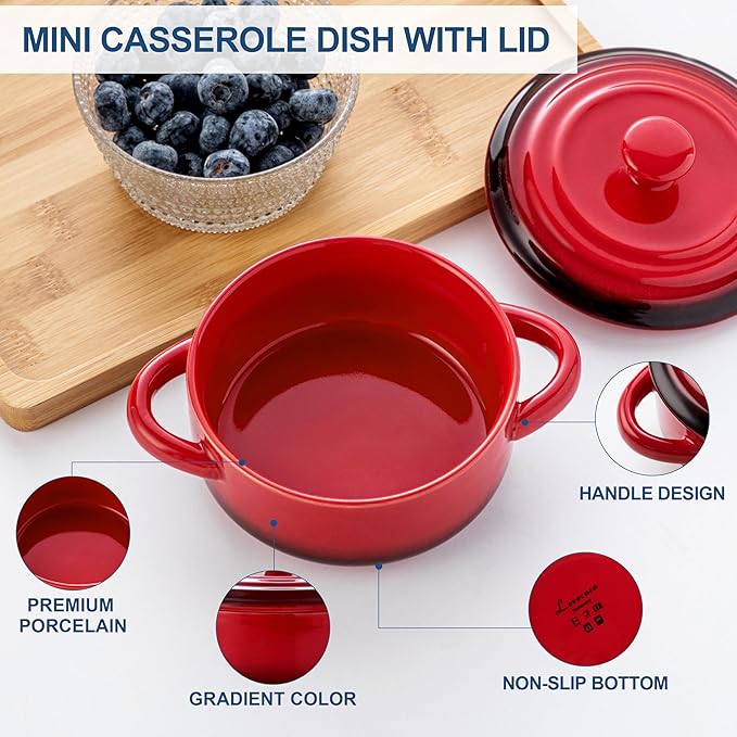 LOVECASA Mini Cocotte Set,12 OZ Small Casserole Dishes with Lids, Soup Bowls With Handles,Individual Baking Ramekins,Oven, Microwave & Dishwasher Safe,Set of 4,Red