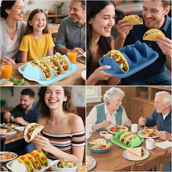 Juome Upgraded Silicone Taco Holder 4 Packs - Reusable Taco Plates with Dividers, Taco Rack Holders Stand for Hard/Soft Taco Shell Holder, Taco Party Serving Tray Plates, Dishwasher & Microwave Safe