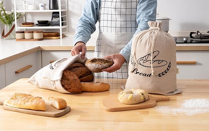2 Pack Linen Bread Bags for Homemade Bread - Plastic Lined - Reusable Linen Sourdough Bread Storage Bags with Plastic Liner - 17" x 13"