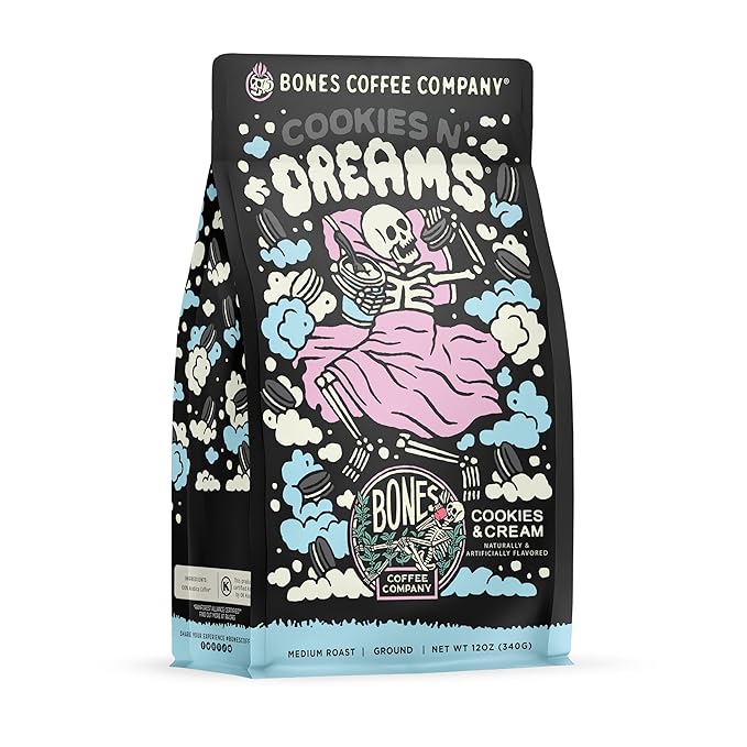 Bones Coffee Company Cookies 'N Dreams Cookies and Cream Flavored Coffee, Medium Roast Low Acid Arabica Beans Compatible with Auto drip and French Press Coffee Maker, 12 Oz Ground