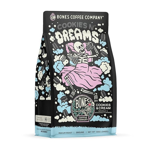 Bones Coffee Company Cookies 'N Dreams Cookies and Cream Flavored Coffee, Medium Roast Low Acid Arabica Beans Compatible with Auto drip and French Press Coffee Maker, 12 Oz Ground