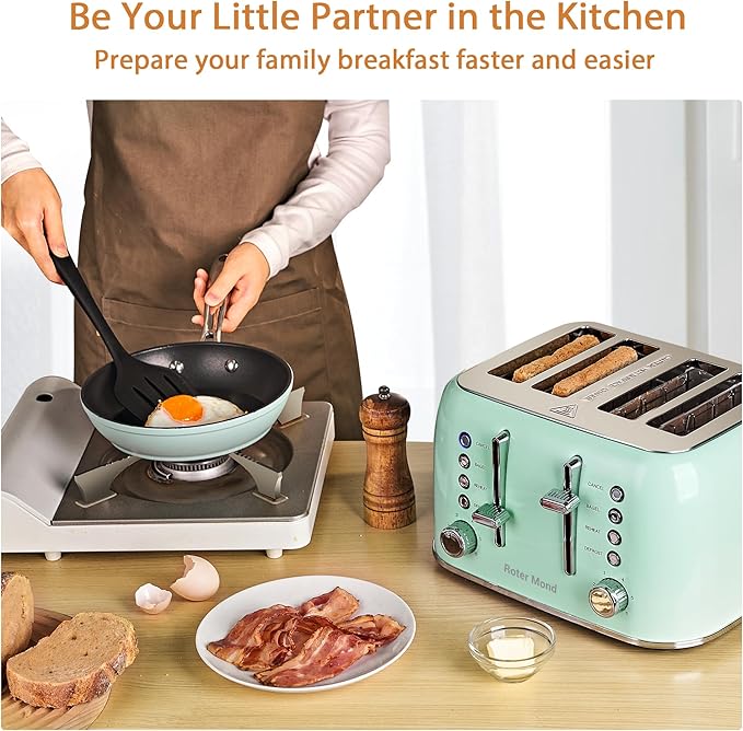 Toaster 4 Slice Retro Stainless Steel with Extra Wide Slots Bagel, Defrost, Reheat Function, Dual Independent Control Panel, Removable Crumb Tray, 6 Browning Levels, Aqua Green