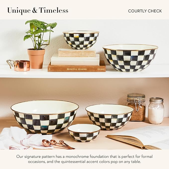 MACKENZIE-CHILDS Enamel Everyday Bowl, Serving Bowl for Entertaining, Small, Black-and-White Courtly Check, Set of 1