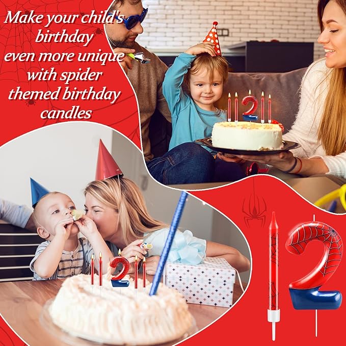 13 Pcs Spider Themed Birthday Candle Set Red Spider Theme Number 2 Candle Cake Topper for Boys Girls Birthday Decoration Spider Party Decoration Supplies (Number 2)