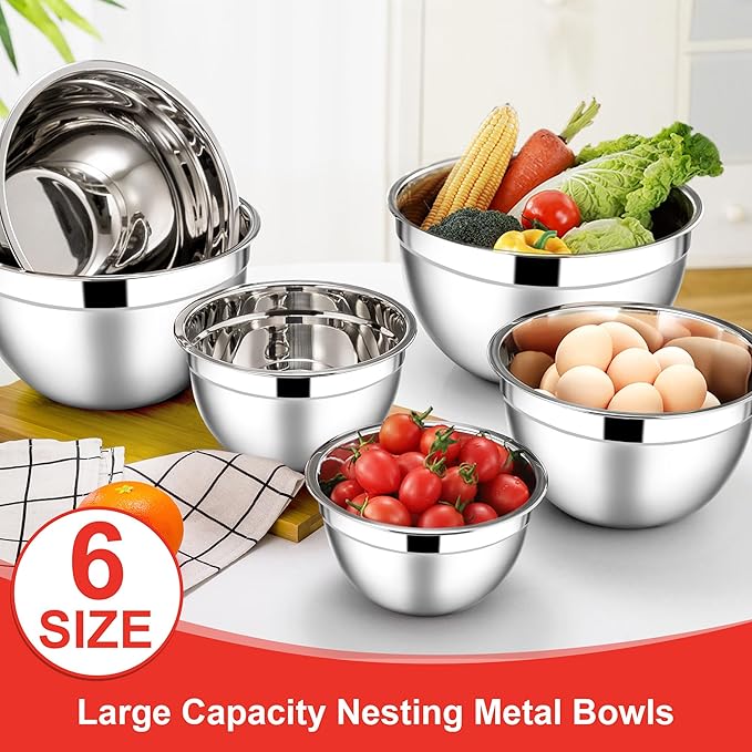 E-far Mixing Bowls with Lids, 12-Piece Stainless Steel Salad Bowls Metal Nesting Bowls for Baking Cooking and Prepping, Airtight Lids & Stackable Design, Size 7, 4.5, 3, 1.5, 1.2, 0.7 QT (Red)