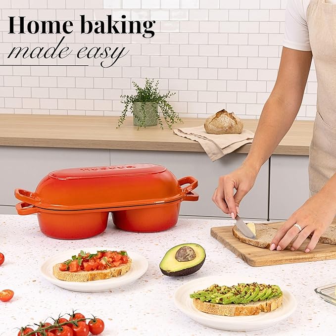 nuovva Dutch Oven For Sourdough Bread Baking – Enamelled Cast Iron Bread Loaf Pot – 500°F Oven Safe Non Stick Bread Pot – Double Round Loaf Space, 16.5cm Diameter, Orange