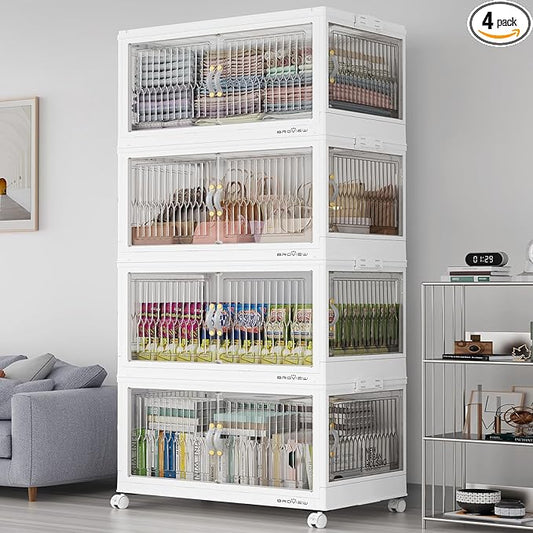 480QT Large Stackable Storage Bins with Lids, Plastic Closet Organizer and Storage Drawer, Collapsible Storage Box with Wheels, Folding Storage Cabinet with Doors for Home Kitchen, 4Pack White